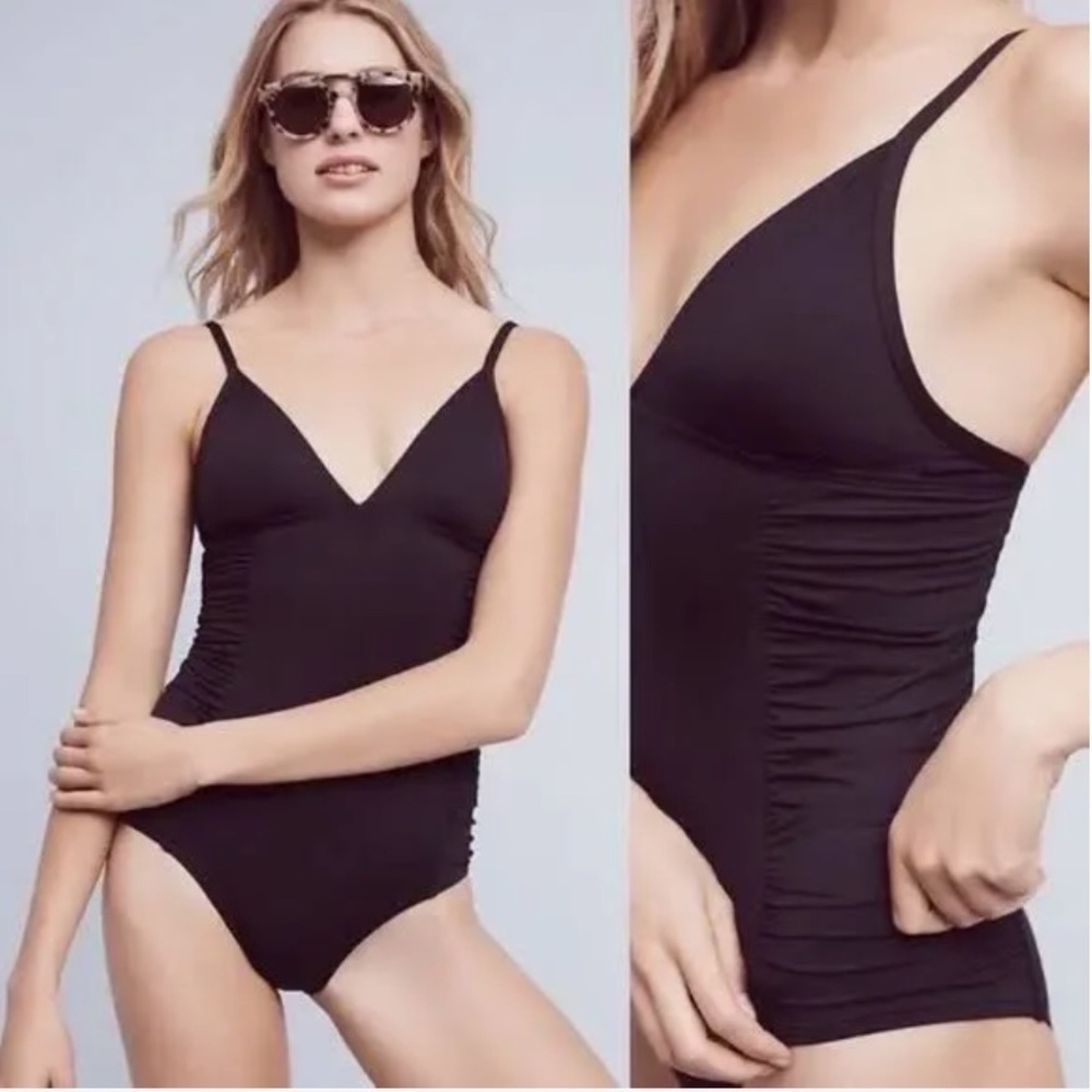 💓NWT! L*SPACE Bella Maillot Black Shirred Sides V-neck 1 Piece Swimsuit Size XS
